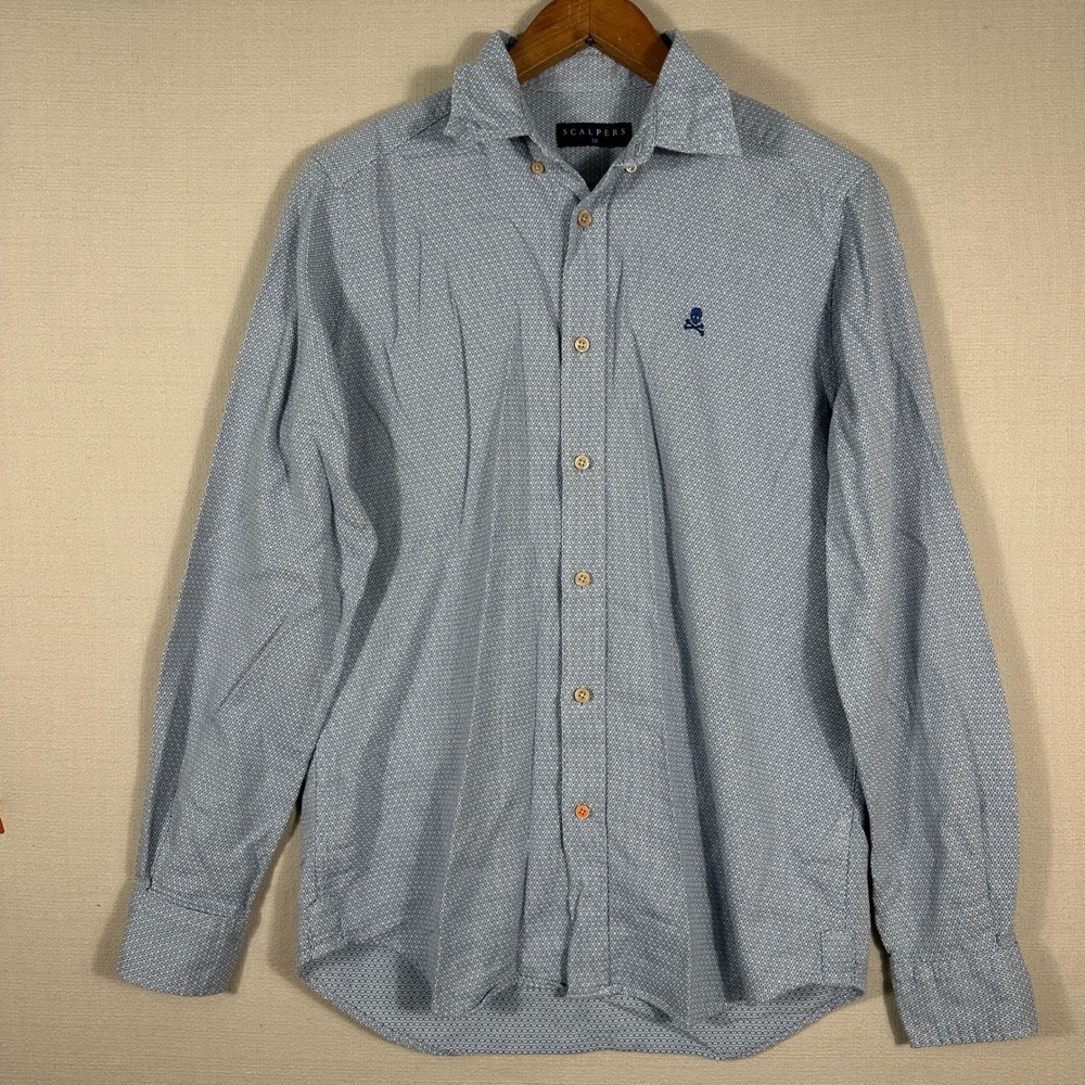 Scalpers Button Down Shirt Mens 39 Blue Excellent Geometric Skull Logo L/S